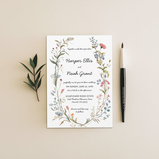 Wildflowers Theme Pastel Blue Hand-Written Wedding Invitation (wildflowers wedding invitation manor floral frame hand-written modern garden backyard barn blue pink)