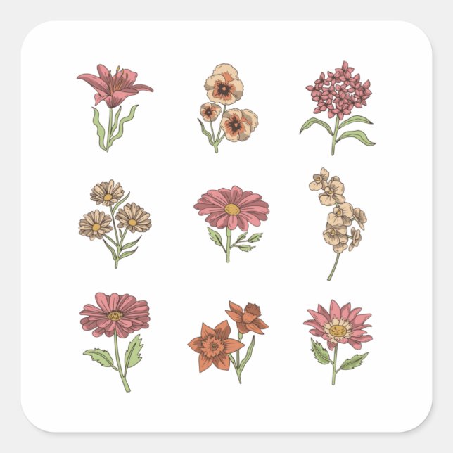 Wildflowers Vintage Flowers Botanical Square Sticker (Front)