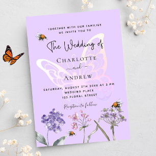 Wildflowers violet pink butterfly luxury wedding invitation