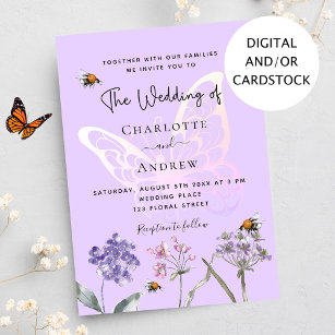 Wildflowers violet pink butterfly wedding invitation
