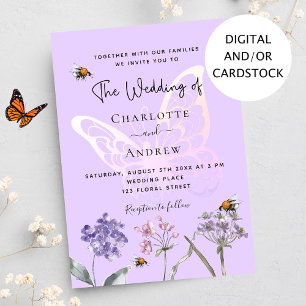 Wildflowers violet pink butterfly wedding invitation
