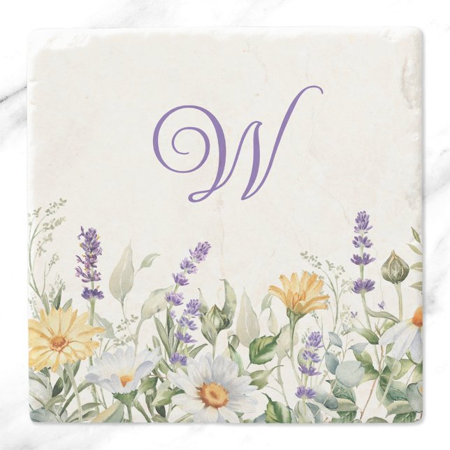 Wildflowers Watercolor Border Monogram Stone Coaster (Creator Uploaded)