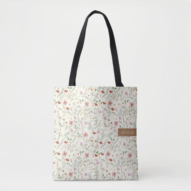 Wildflowers watercolor cute stylish name  tote bag (Front)
