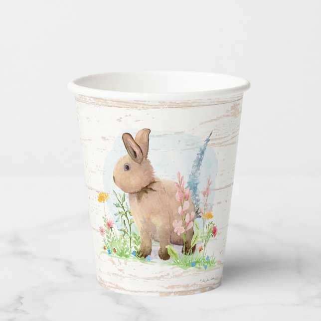 Wildflowers Watercolor Easter Bunny Rustic Wood Paper Cups (Front)