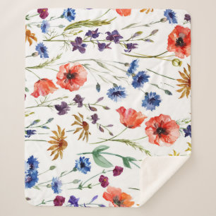 Wildflowers Watercolor Poppy Chamomile Background Sherpa Blanket