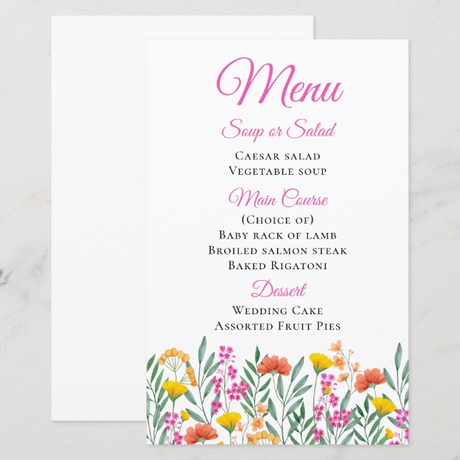 Wildflowers Watercolor Spring  Floral Wedding Menu (Front/Back)