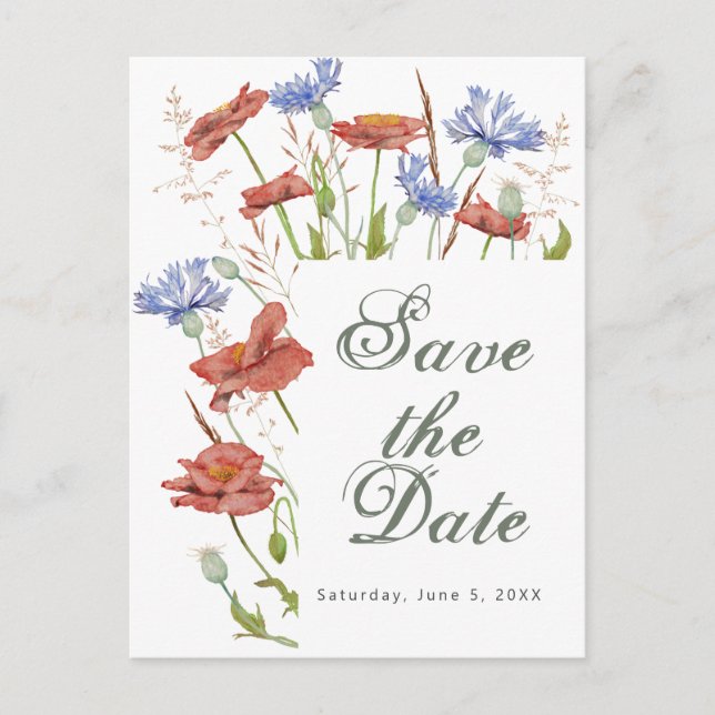Wildflowers wedding save the date postcard (Front)