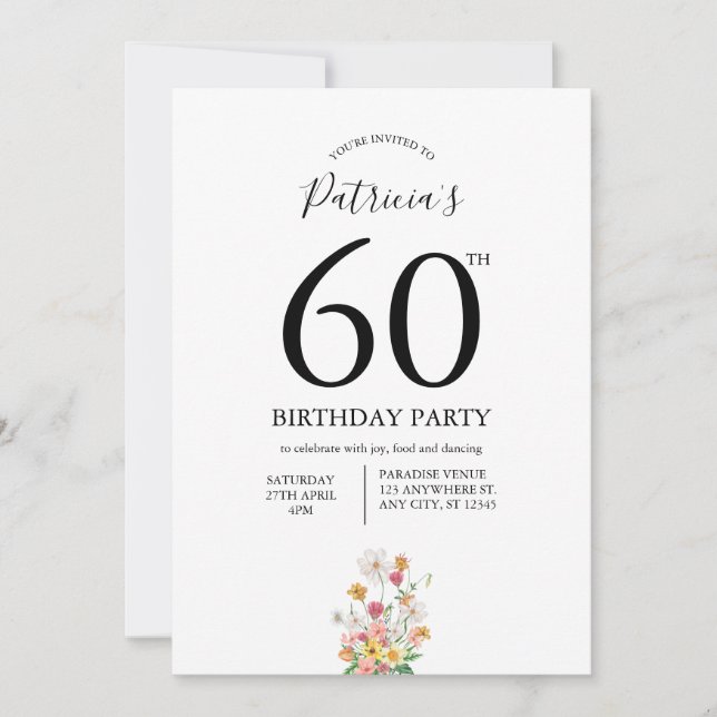 Wildflowers White 60th Birthday Invitation (Front)