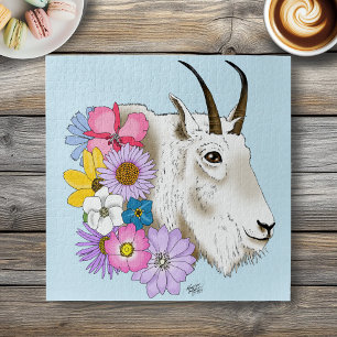 Wildflowers White Mountain Goat Nature Wildlife Jigsaw Puzzle