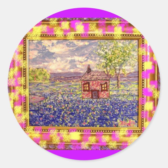 wildflowers with cottage framed art classic round sticker (Front)