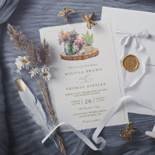 Wildflowers wood Mason Jars Boho QR Code Wedding Invitation