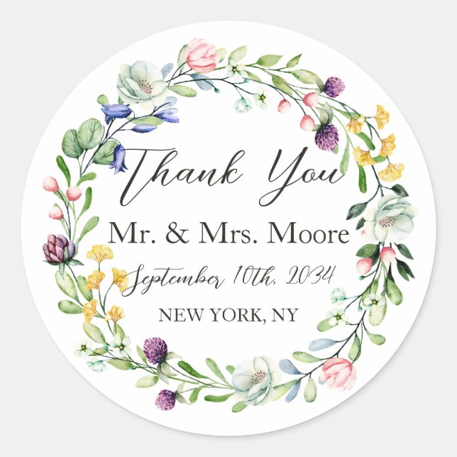 Wildflowers Wreath Elegant Wedding Thank You Classic Round Sticker (Front)