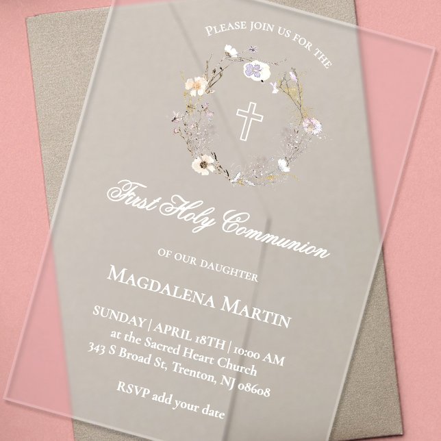 wildflowers wreath | First Holy Communion Acrylic Invitations (Creator Uploaded)