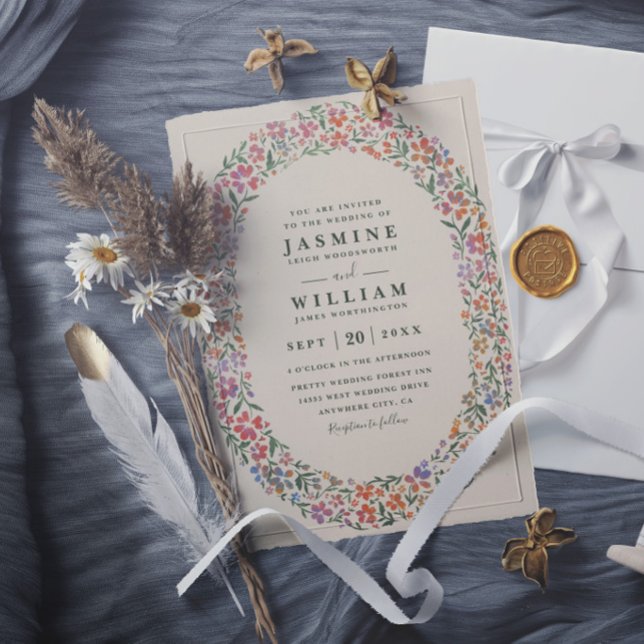 Wildflowers Wreath Rustic Elegant Modern Wedding Invitation (Creator Uploaded)