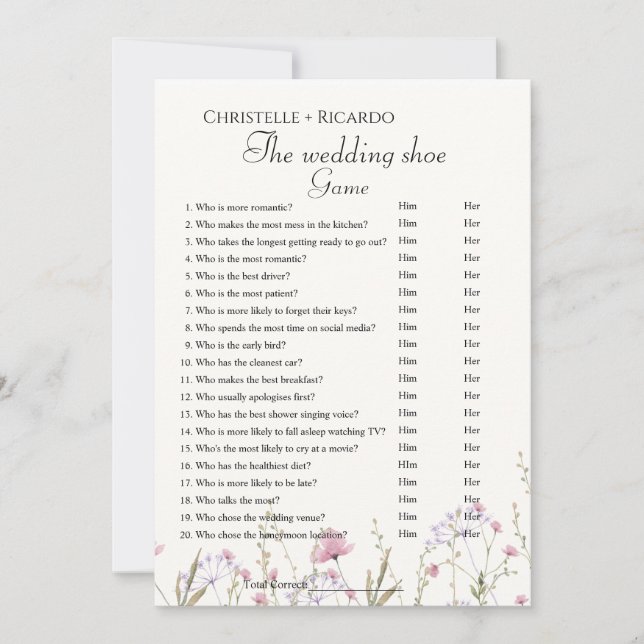 WildflowerWedding shoe game bachelorette game Card (Front)
