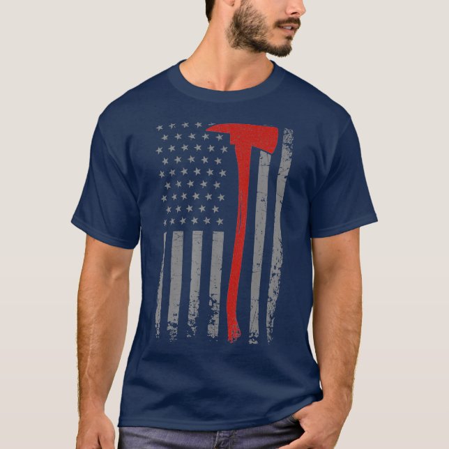 Wildland Firefighter Axe American Flag Thin Red T-Shirt (Front)