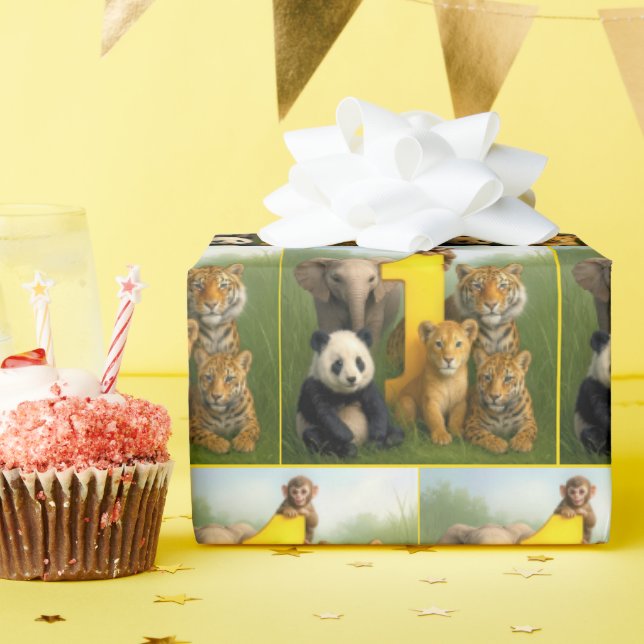 Wildlife Animal Babies With a Number One Wrapping Paper (Birthday Party)