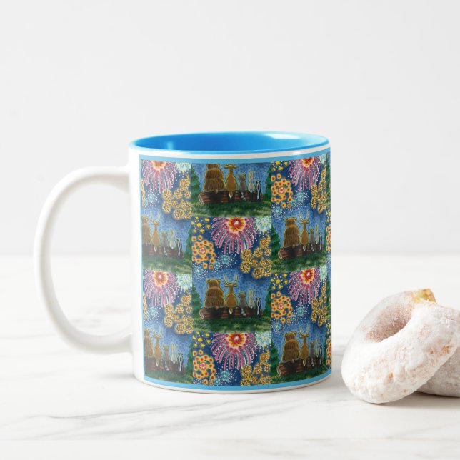 WILDLIFE ANIMALS 4TH OF JULY FIREWORKS, CUTE Funny Two-Tone Coffee Mug (With Donut)