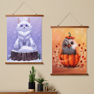 wildlife animals autumn to winter : owl & fox  hanging tapestry