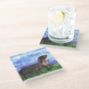 Wildlife Art Sparkly River Otter Glass Coaster