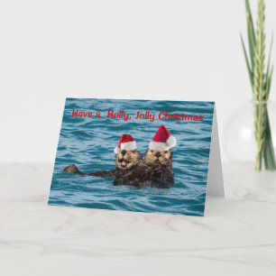 Wildlife Christmas Card, Otters Wearing Santa Hats Holiday Card