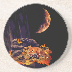Wildlife collage with fox, hedgehog and amber moon coaster
