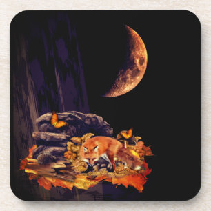 Wildlife collage with fox, hedgehog and amber moon coaster
