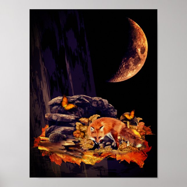 Wildlife collage with fox, hedgehog and amber moon poster (Front)