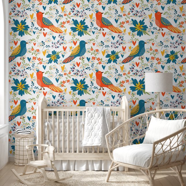 Wildlife Colourful Birds and Flowers Green Blue   Wallpaper (Kids)