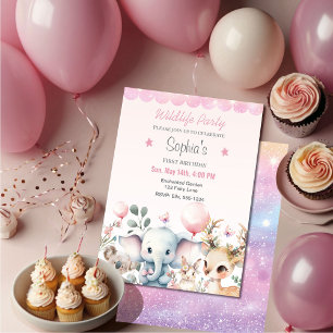 Wildlife Cute Animals Pink Birthday Party Invitation