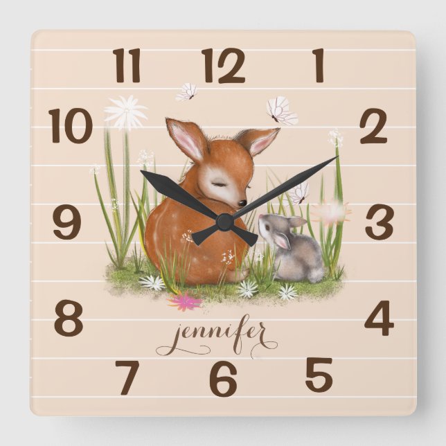 Wildlife Fawn Bunny Butterfly Wall Clock (Front)