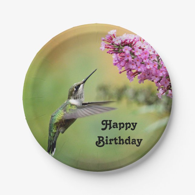 Wildlife Hummingbird Floral Photo Birthday Paper Plate (Front)