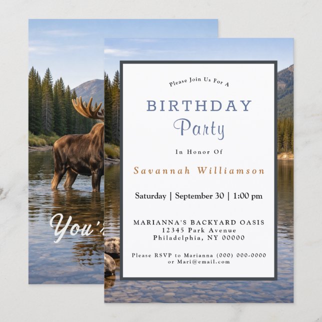 Wildlife Moose Mountain River Birthday Invitation (Front/Back)