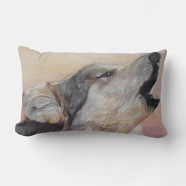 wildlife painting of howling grey wolf lumbar cushion (Front)