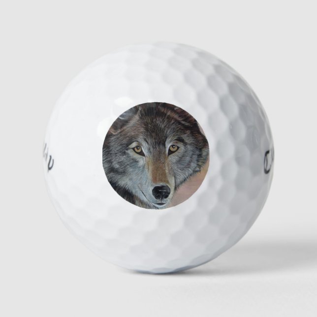 wildlife portrait painting of grey wolf  golf balls (Front)