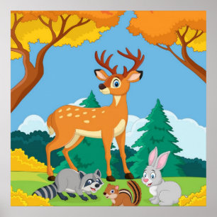 Wildlife Racoon Chipmunk Rabbit Deer Fall Landsca Poster