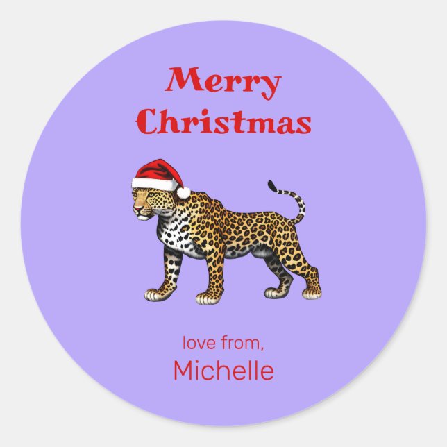 Wildlife Safari Animal Leopard Santa Hat Christmas Classic Round Sticker (Front)