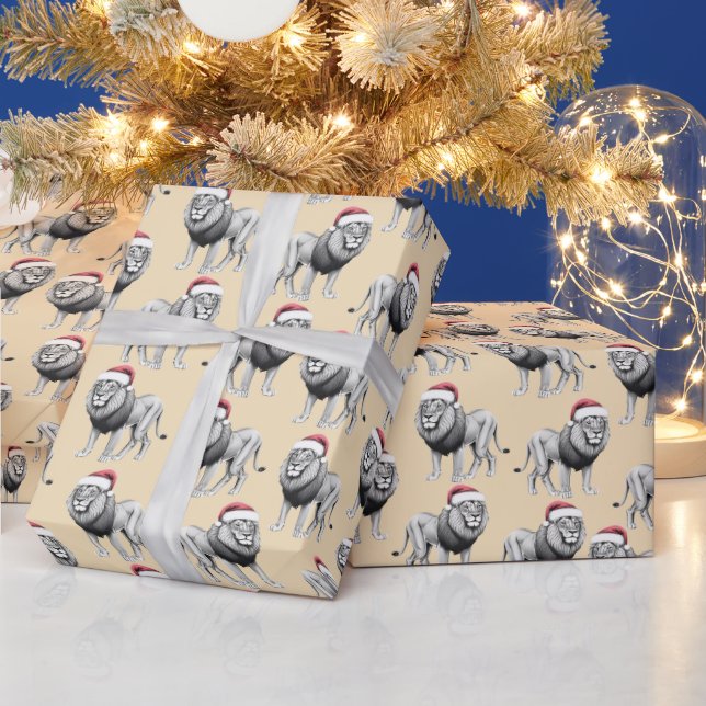 Wildlife Safari Animal Lion Santa Hat Christmas Wrapping Paper (Holidays)