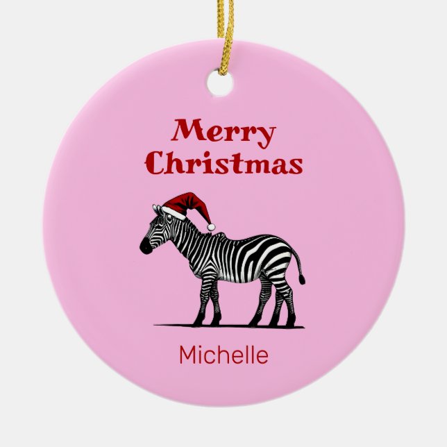 Wildlife Safari Animal Zebra Santa Hat Christmas Ceramic Tree Decoration (Front)