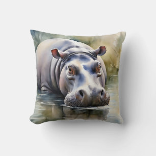 Wildlife Serenity Watercolor Hippo Cushion