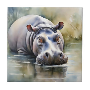 Wildlife Serenity Watercolor Hippo Tile