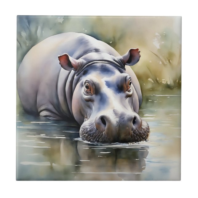 Wildlife Serenity Watercolor Hippo Tile (Front)
