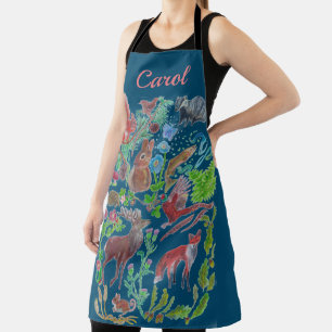 wildlife stag, fox, pheasant, blue personalized apron