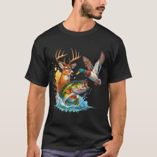 Wildlife Trio Deer Duck Bass Splash Art T-Shirt