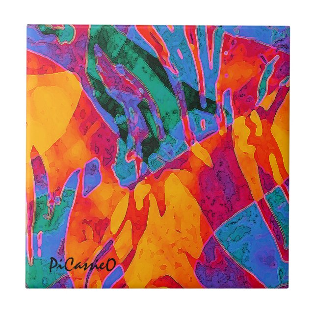 Wildly Colourful Abstract Art by PiCassieO Tile (Front)