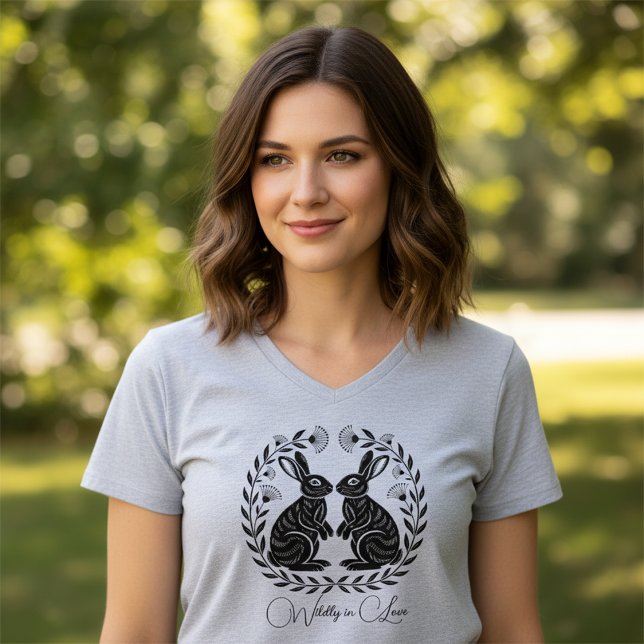 Wildly in Love | Linocut Rabbits Romantic T-Shirt (Creator Uploaded)