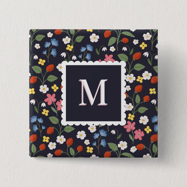 wildstrawberry patterned monogrammed  navy 15 cm square badge (Front)