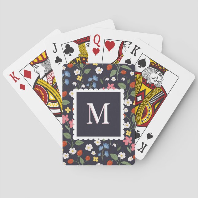 wildstrawberry patterned monogrammed  navy playing cards (Back)