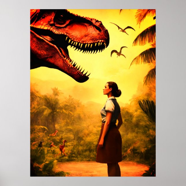 Will the T-Rex Get the Girl in the Forest on Wall Poster (Front)