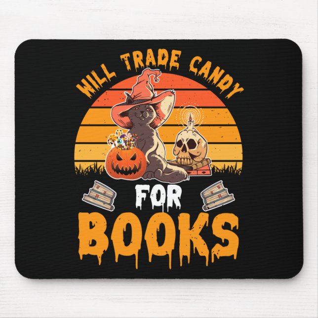 Will Trade Candy For Books Halloween Black Cat Mouse Pad (Front)